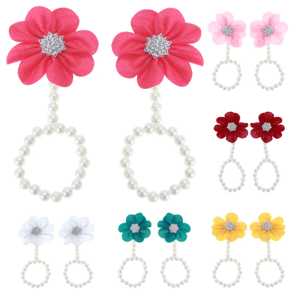 

2pcs Baby Pearl Shoes DIY Lace Pearl Diamond Flowers Baby Shoes Infant Newborn Barefoot Ring Sandals Shoes Chiffon Flower Pearl