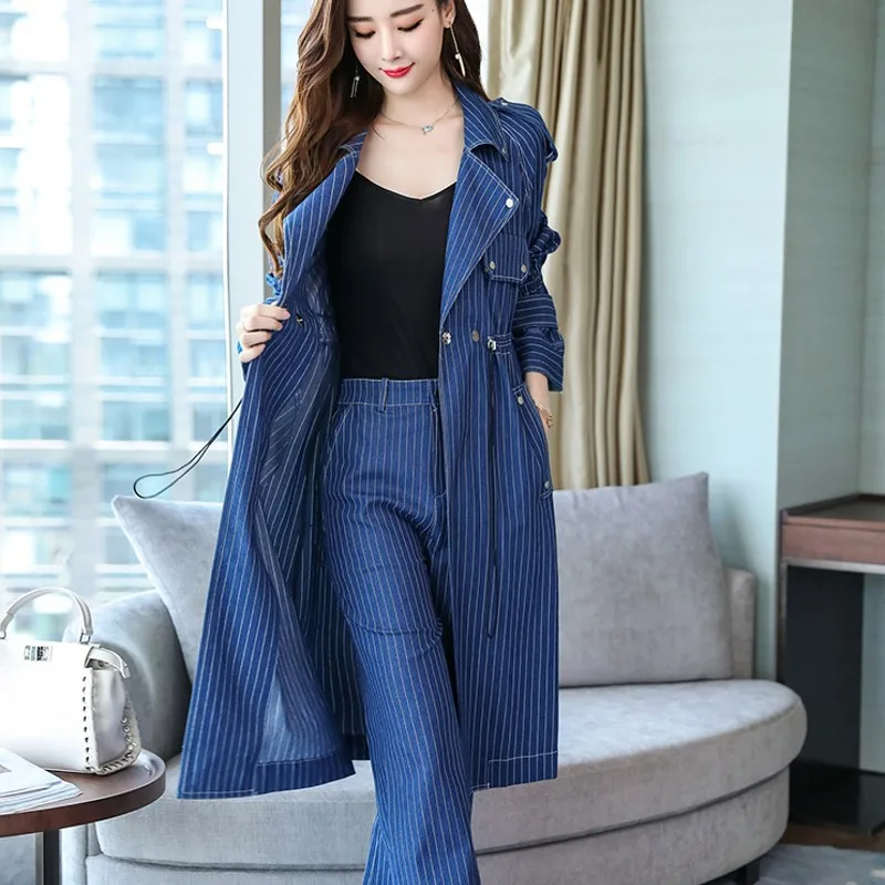 Модный женский офисный джинсовый костюм, европейский стиль, на шнуровке, в полоску, джинсовые длинные пальто, свободные прямые брюки, комплект из двух предметов, синий - Цвет: Blue