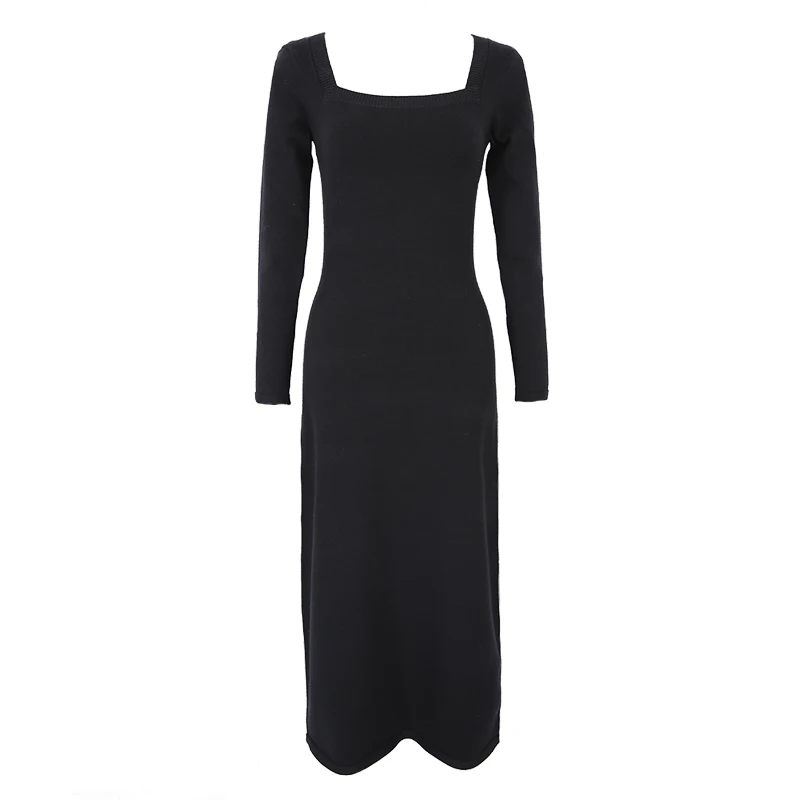 Женское осенне-зимнее черное вязаное облегающее длинное платье с квадратным воротником, винтажная туника, вязаное длинное платье черного цвета