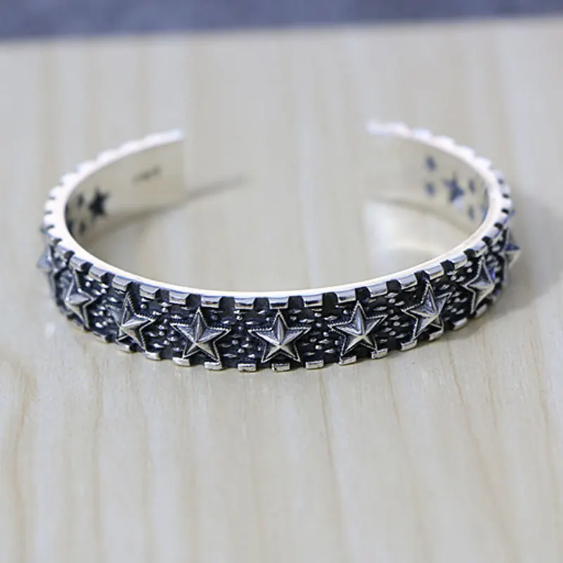 

Starfield Punk Style Jewelry Five-pointed Star S925 Sterling Silver Retro Thai Silver Male Female Open Ended Bangle