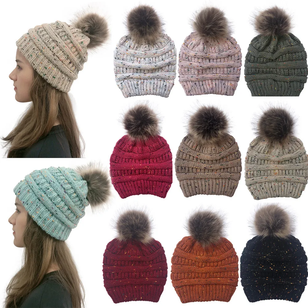 Uгардероб Женская осенне-зимняя теплая Шапка-бини с милым искусственным меховой вязаный шарик Кепка Skully уличная Женская Повседневная Лыжная Шапка ED
