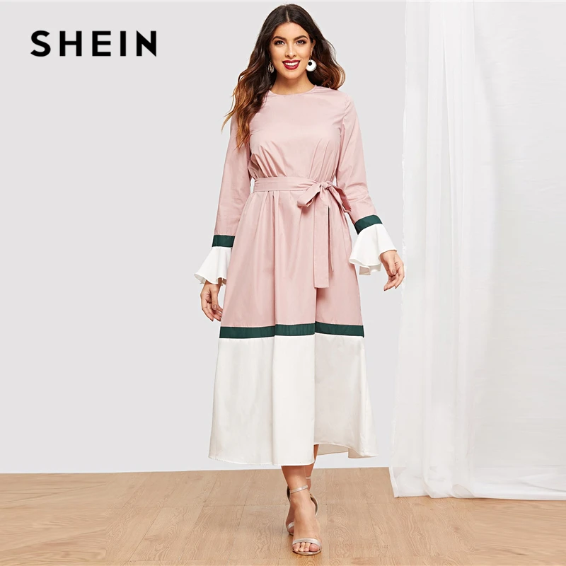 SHEIN Контрастное Платье С Поясом И Оригинальным Рукавом Женское Многоцветное Осеннее Элегантное Платье С Длинными Рукавами И Оборками