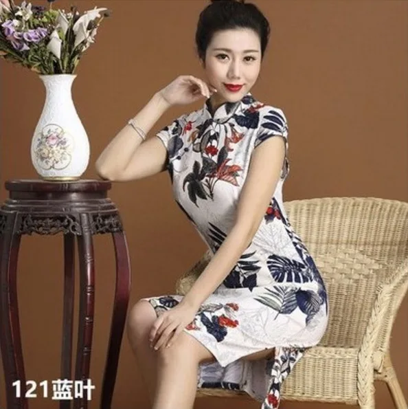 Китайские платья Ципао Cheongsam из хлопка и льна Mujer Vestidos размера плюс для женщин короткие 3XL 4XL 5XL летние Новое поступление - Цвет: Фиолетовый