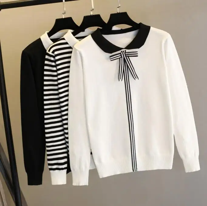 2018 Women Korean Sweaters Peter-Pan Collar Preppy Style Lolita Knit Pullovers Loose Causal Knitting Jumpers with Bow Ties | Женская