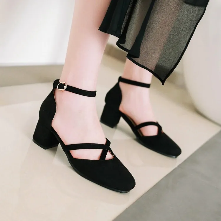 

Big Size 11 12 13 14 15 high heels sandals women shoes woman summer ladies Baotou thick heel with one-word buckle square head