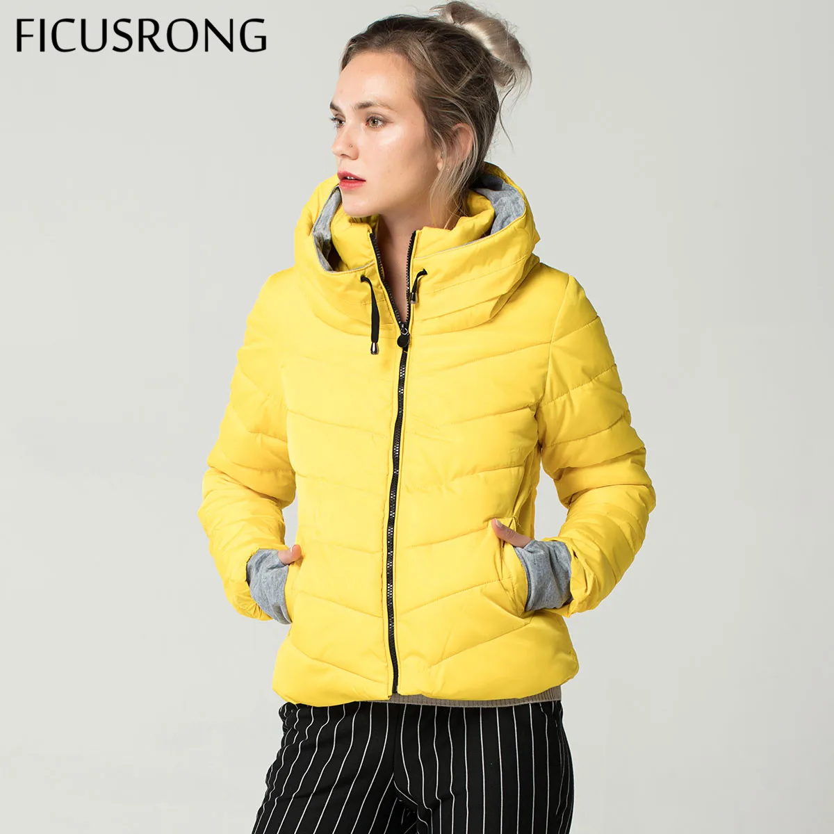 Acheter Capuche jaune femmes automne hiver veste col montant coton rembourré femme basique veste d extérieur manteau chaqueta mujer FICUSRONG