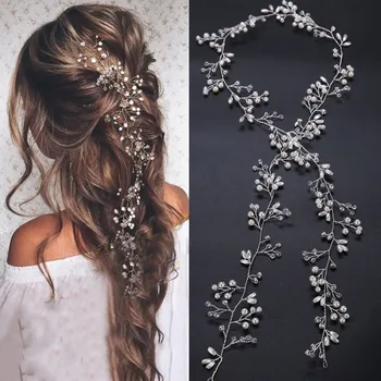 European Bridal Luxury Long Pearl Crystal Flower Headbands Hairband Silver Gold Wedding Hair Vine Handmade Women Chain Headband idealway bridal hair ornaments long hair vine pearl headband for women crystal flower tiara head chain wedding hair accessories