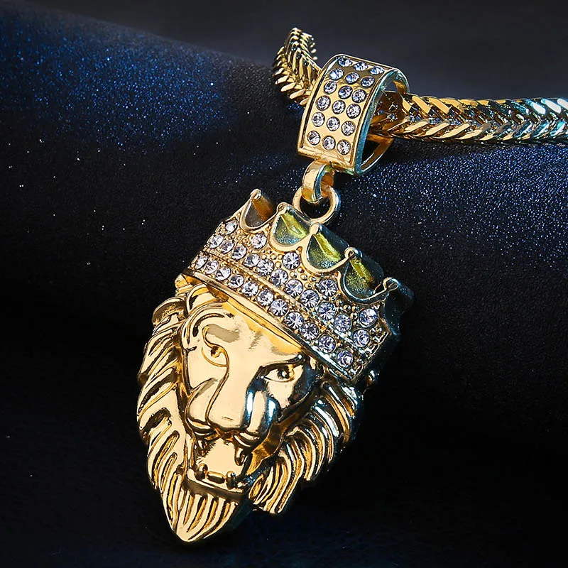 

Punk Style Personalized Animal Crown Lion Pendant Necklaces Men Hip Hop Jewelry Statement Rhinestone Gold Long Chain Necklace