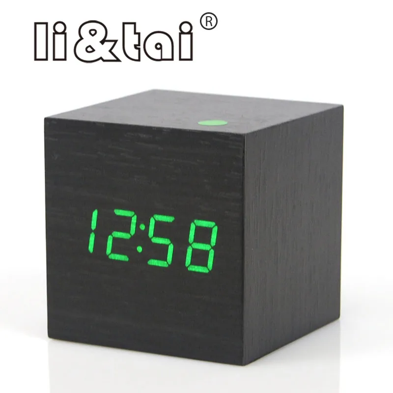 Cute Cube Wooden LED Alarm Clock LED Display Electronic Desktop Digital