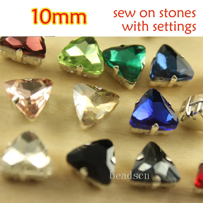 

24pcs 10x10mm trian-gle Hand Crystals Sew On stones with silver Metal Settings rhinestones Many Colors diy for dress/bags