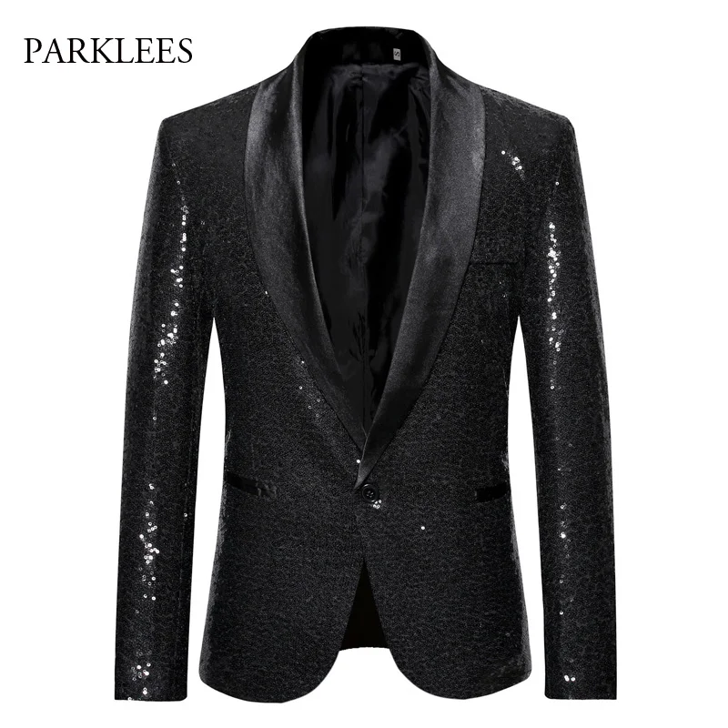 Shiny Sequins Men Blazer Slim Fit Solid Black Sparkle Glitter Blazers Men Suits Party Prom Dance