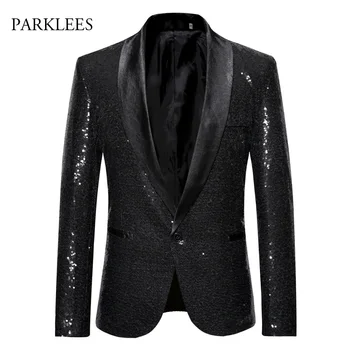 

Shiny Sequins Men Blazer Slim Fit Solid Black Sparkle Glitter Blazers Men Suits Party Prom Dance Perform Veste Costume Homme XXL