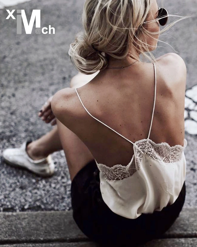 

xiM&M@ch Summer Basic Casual Sexy Satin Camisole Lace Patchwork V-neck Straps Satin Camisole Tops TP04637E