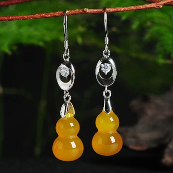 

925 silver inlaid ice yellow candy color chalcedony gourd earrings Fashion female cute Fulu fruit earrings send certificate