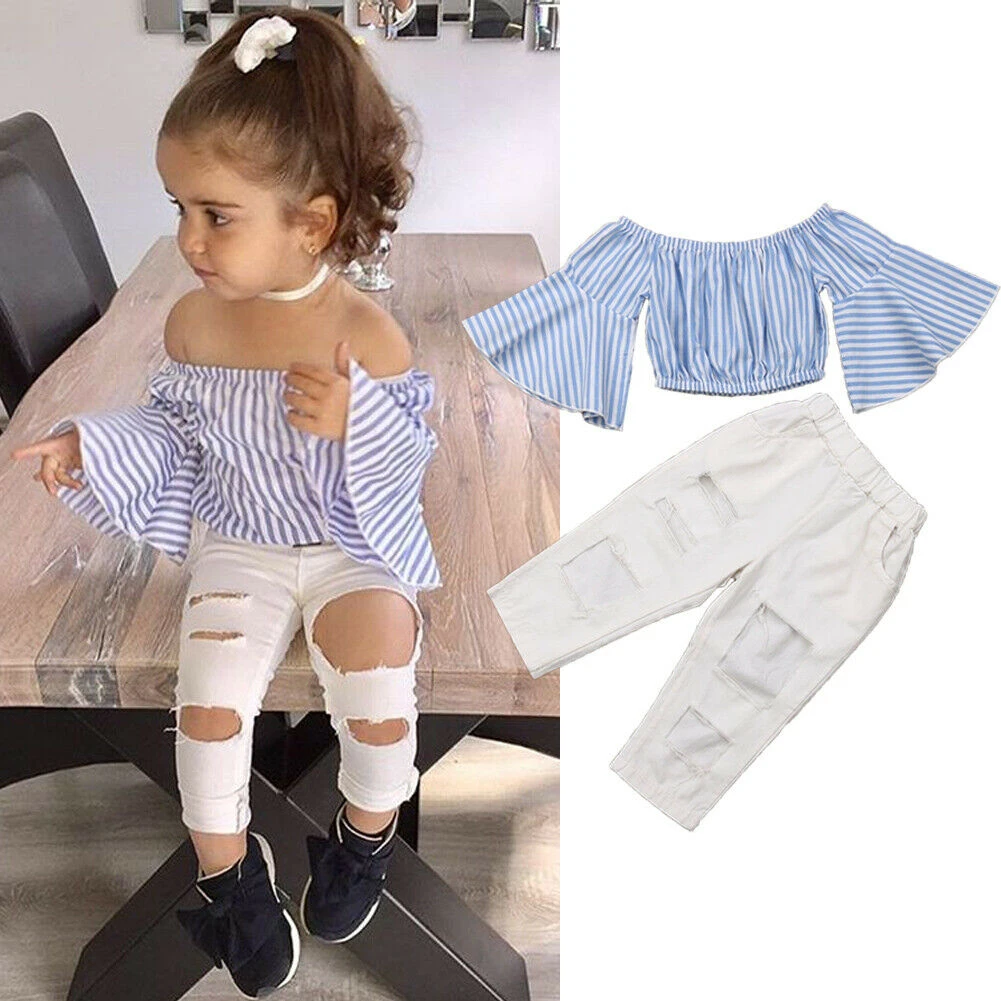 Toddlers Kids Baby Girl Outfits Flare Sleeve Shirt Off Shoulder Tops Striped Shorts Leopard Pant Fall Clothes Set