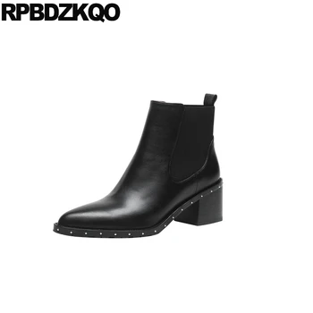 

fur luxury slip on high heel rivet booties chunky shoes chelsea pointed toe stud brand women winter boots genuine leather black