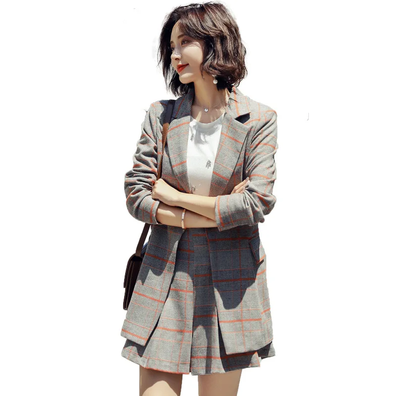 Female Set 2019 Spring and Autumn New Fashion Lady Two-piece Casual Slim Plaid Long Small Suit Jacket Half-length Mini Skirt
