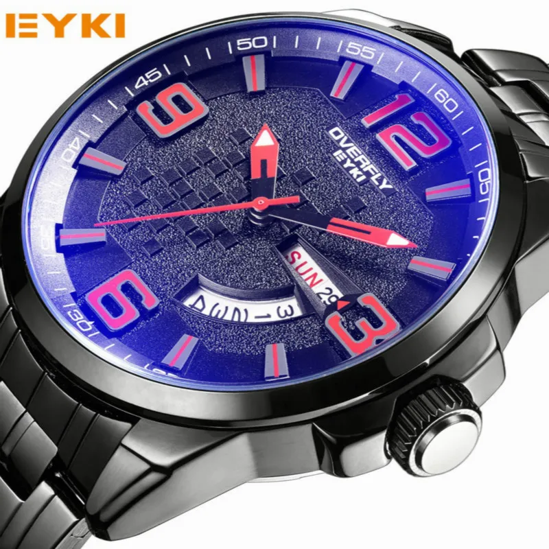 

EYKI Creative design Men Watches Blue Coated Dial All Stainless Steel Quartz Wristwatch Male Date Week Display Relogio Masculino