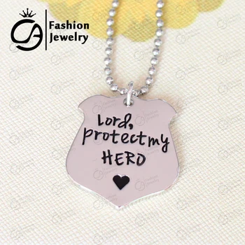 

Wholesale Handstamped Lord Protect my hero Police badge charm Pendant Necklace Cop Wife Grilfriend Gift Idea 20Pcs/Lot #LN1201