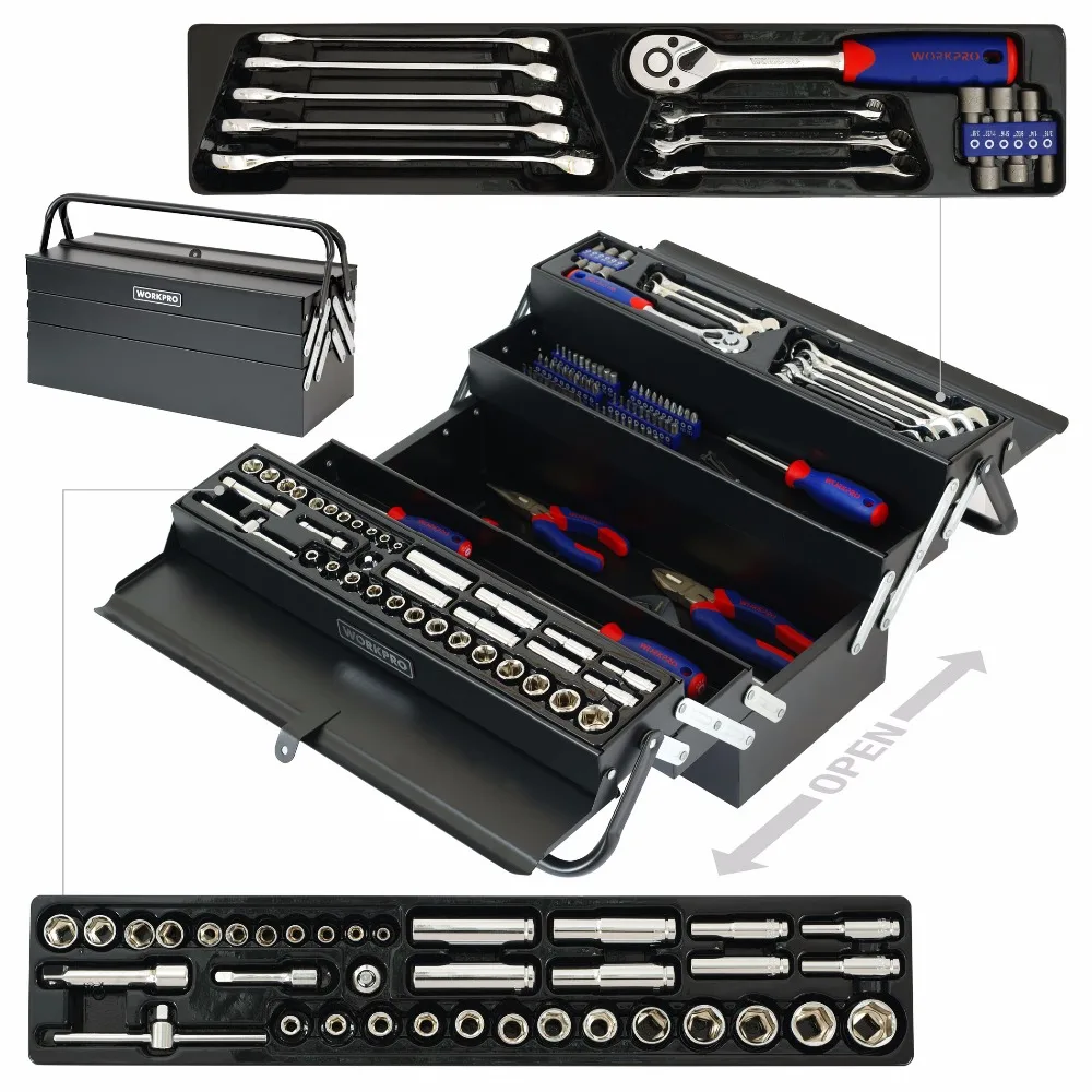 WORKPRO 183PC Metal Box Tool Set Home Hand Tools Screwdriver Set Sockets Pliers Wrenches