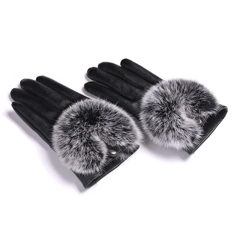 

2017 new screentouch leather gloves female winter lovely Rex rabbit fur gloves genuine lambskin gloves sheepskin real mittens