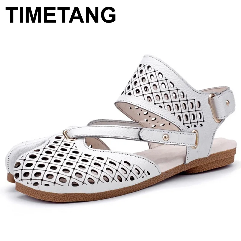 

TIMETANG Fashion Women Sandals Summer Flat Shoes Hollow Hook Loop Genuine Leather Women Gladiator Sandals Sandalia FemininaE314