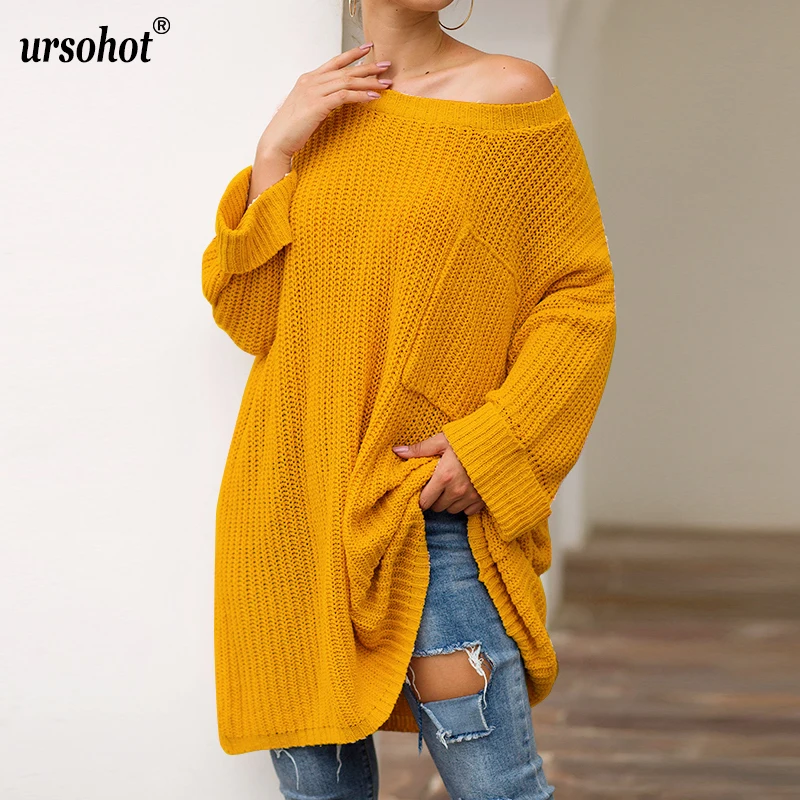 

Ursohot Pink Yellow Sweaters Pocket Loose Pullovers Autumn Winter Knitted Warm 2019 Casual Long Sweater Roll Long Sleeve Jumpers