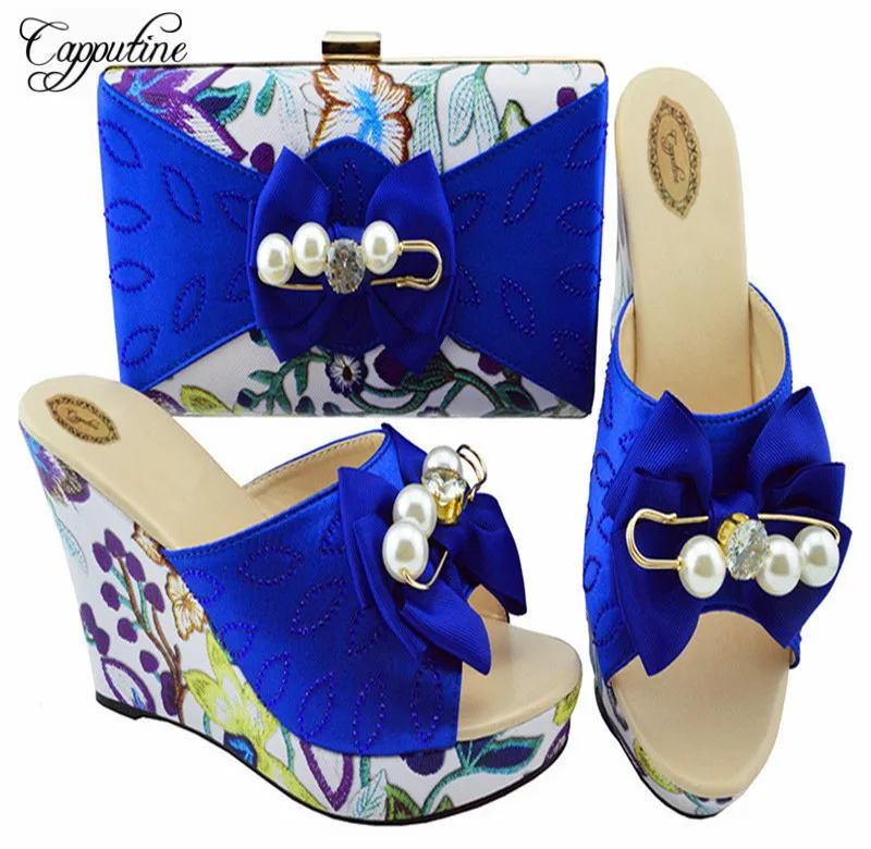 

Capputine Nigerian Flowers Slipper Shoes And Matching Bags Italian Fashion Women Wedding Shoes And Bag Set For Wedding YK1063