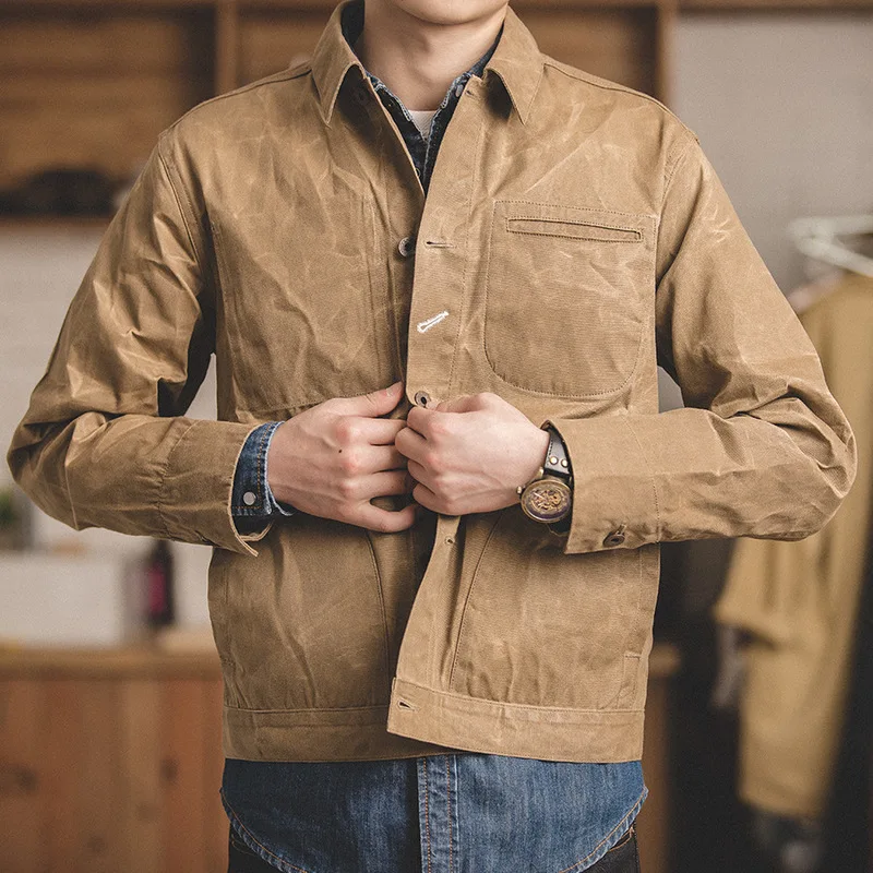 

Mens Waxed Canvas Cotton Jacket Military Light Spring Work Jacket Khaki