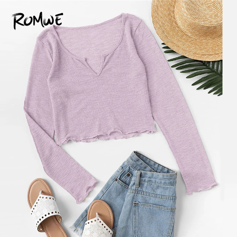 

ROMWE Purple Lettuce Trim V Cut Neck Crop Tee Female Casual Slim Fit Long Sleeve Autumn Plain Tops Spring T-shirt