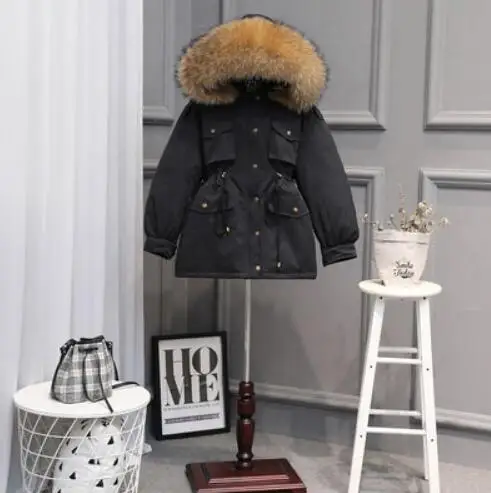 Зимняя женская куртка с капюшоном, белый утиный пух, парка средней длины, приталенное пальто, большой воротник из натурального меха енота, теплая розовая верхняя одежда - Цвет: brown fur