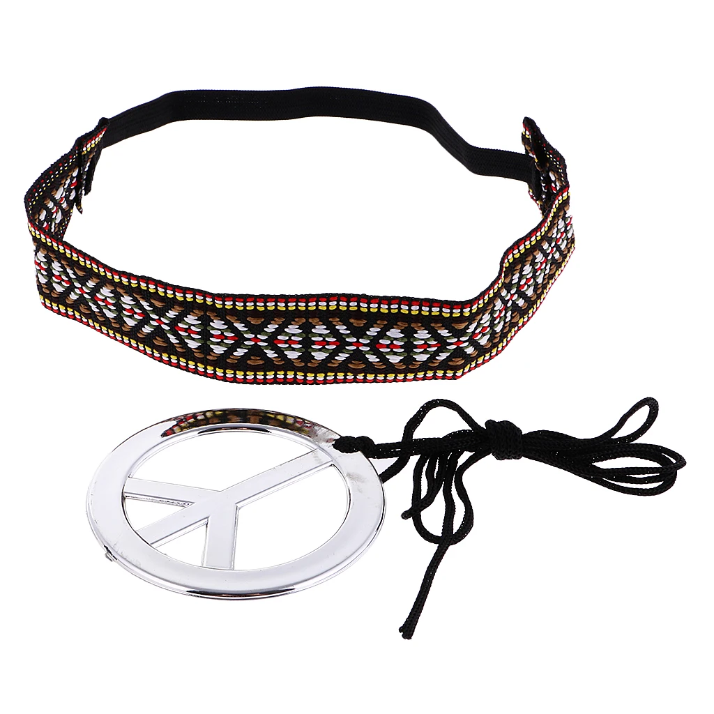 Phenovo Unisex Peace Symbol Pendant Necklace with Headband Set Costume Jewelry Accessories for women and men