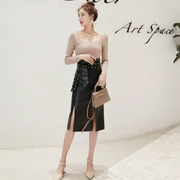 

2 Piece Set Autumn Women Full Sleeve O Neck Knitting Shirt Top and Black Office Bandage Bodycon PU Skirt Two Piece Set Vestidos