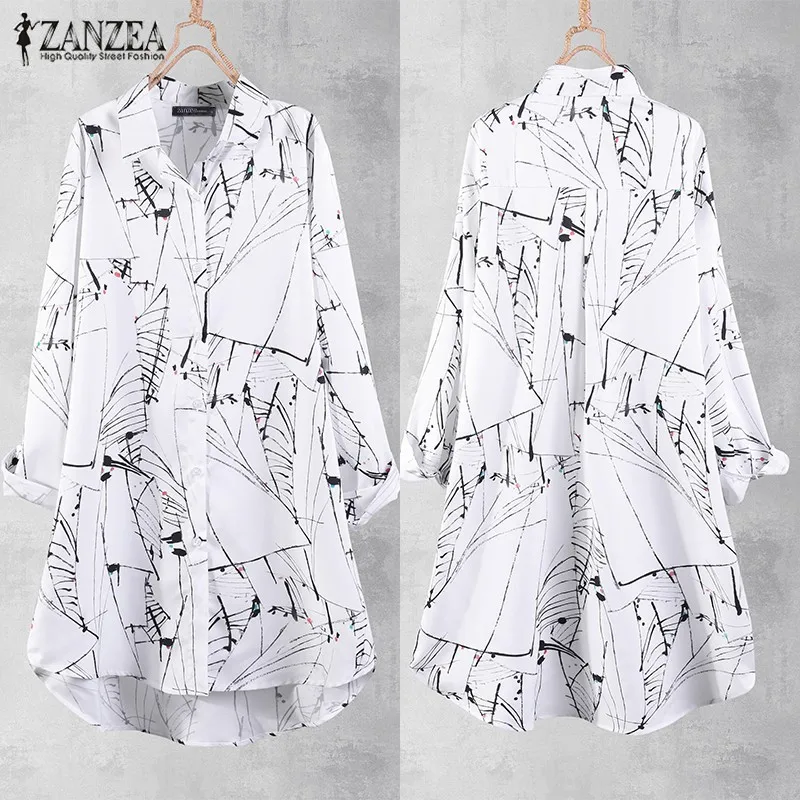  Plus Size Tunic Women Printed Blouse Long Shirt 2019 ZANZEA Casual Button Down Shirt Chemise Female