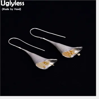 

Uglyless 100% Real Solid 925 Sterling Silver Long Ear Lines for Women Elegant Lily of the valley Flower Earrings Gold Fine Jewel