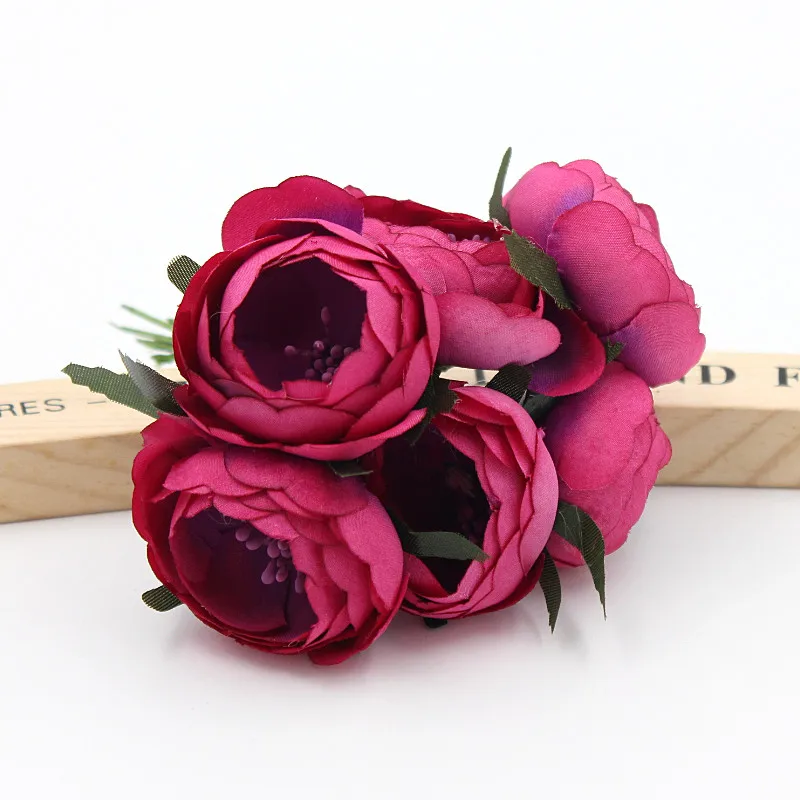 6 шт./лот 4,5 см Моделирование искусственных цветов маленькая шелковая ткань розы чайные пакетики ручной работы свадебные украшения - Цвет: mei red