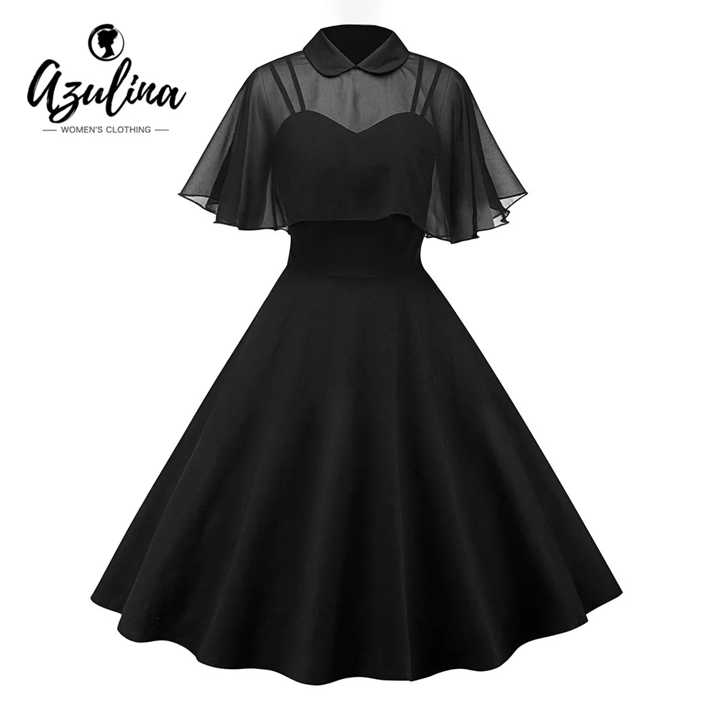 AZULINA Women Dress Pin Up Sheer Mesh Cape Vintage Party Dress Vestidos