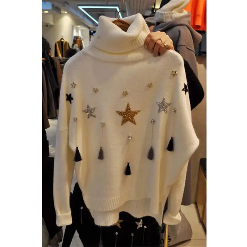 Neploe Turtleneck Sweater Stars Rhinestone Beaded Tassel Sweaters Knit