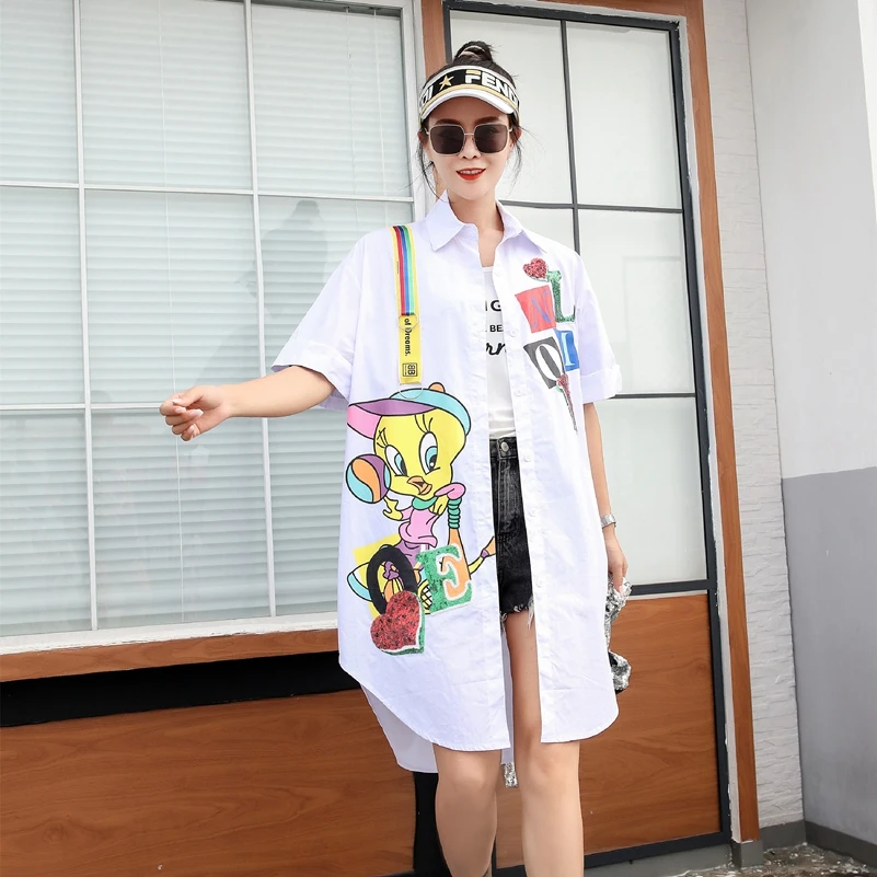 

2019 fashion The New Loose Cartoon printing Sequin Short sleeve asymmetric shirt free shipping