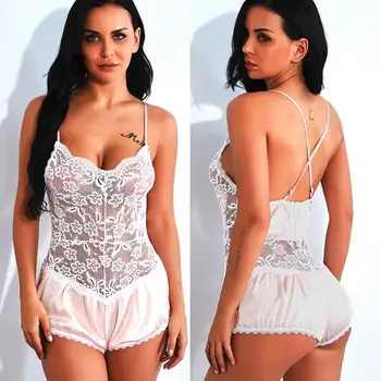 

2019 Women One-piece Pajamas Satin Flowe Lace Pajamas Bodysuit Lingerie Backless Jumpsuit Sleepwear Homewear pyjama femme