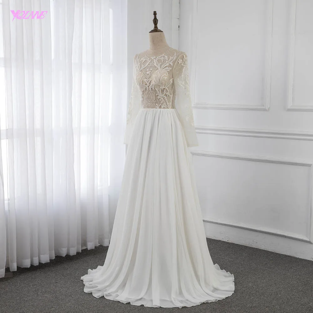 Sexy See Through Full Sleeve Wedding Dress Embroidered Crepe Floor Length Vestido De Noiva YQLNNE