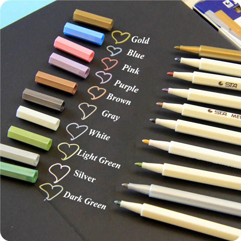 10 Pcs/set Art Metallic Marker Pen DIY Scrapbooking Black Paper Crafts