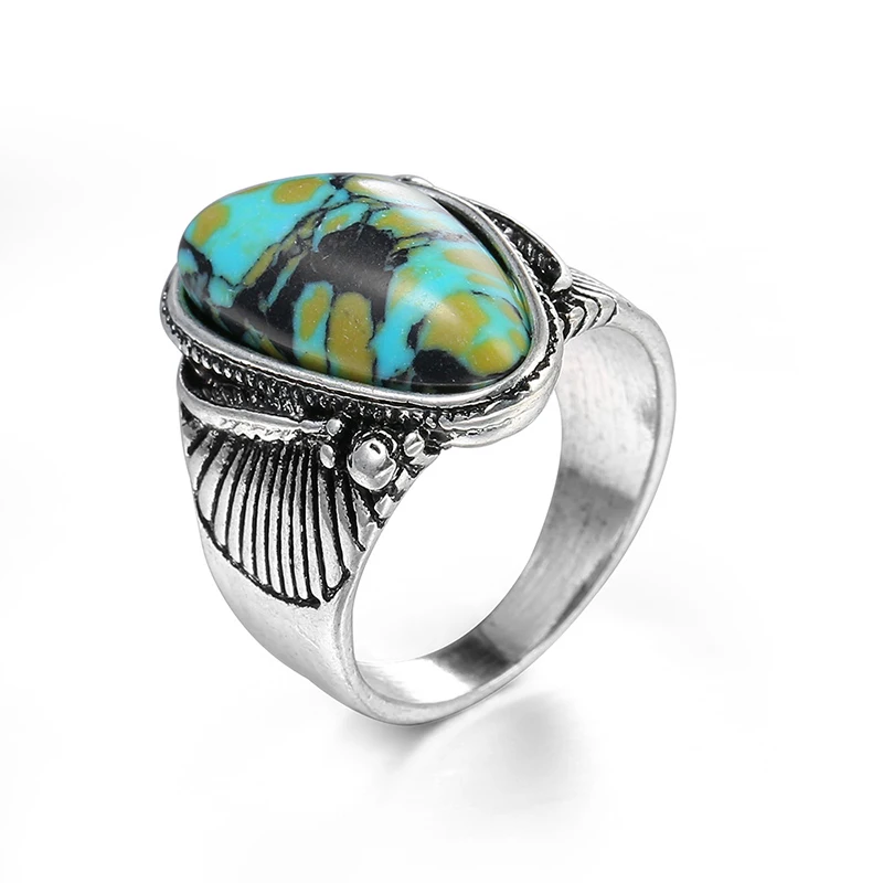 

2019 New Arrival Fashion Bohemia Rings For Women Retro Antique Silver Black Color Turquoises Knuckle Ring For Women Bagues Femme