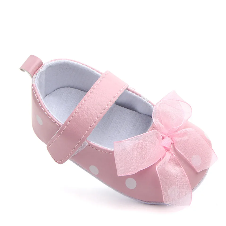 Newborn Spring Infant Cute Shoes Baby Girl Bow Dot Crib Shoes Anti-Slip Indoor First Walker for 0-18 Months