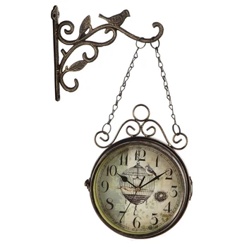 

European Antique Gold Bird On Branch With Bird Cage Design Double Sided Round Hanging Wall Mounted Decor Iron Clock