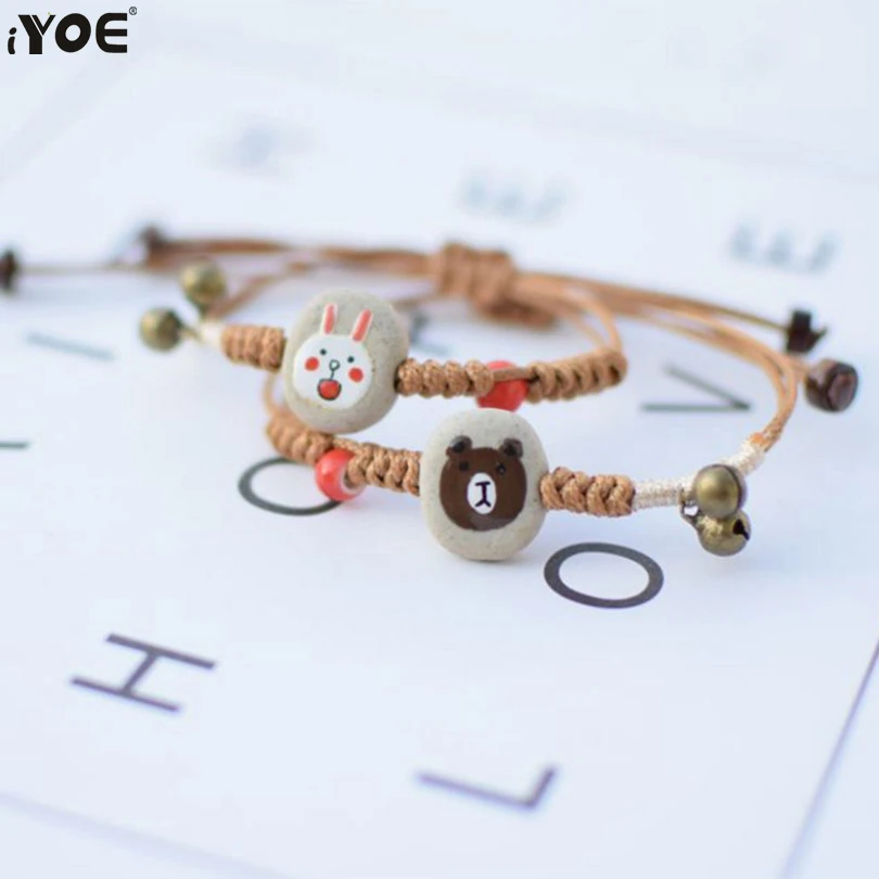 

IYOE Vintage Handmade Dog Rabbit Cat Animal Charm Bracelets For Women Kids Men Antique Cermaic Couple Bracelet Lover Friendship