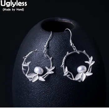 

Uglyless 100% Real 925 Sterling Silver Handmade Leaves Earrings for Women Hollow Artistic Pond Earrings Pearls Brincos Bijoux