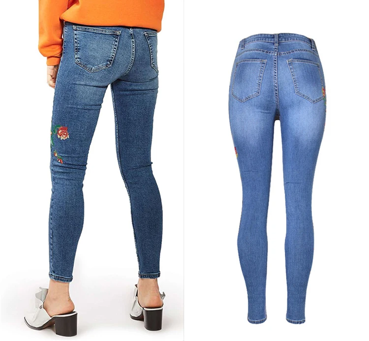 2017 European and American women's high waist elastic front and rear side of the cross embroidery roses washed cat to be cowboy pants pants pants (7)
