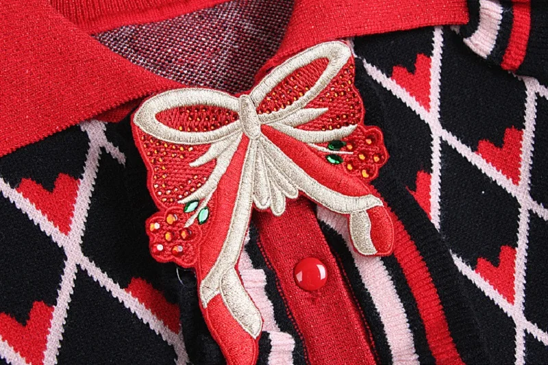Зимний винтажный клетчатый вязаный свитер, кардиганы для женщин, подиум, оборки, бант, длинный рукав, Женский рождественский джемпер, одежда