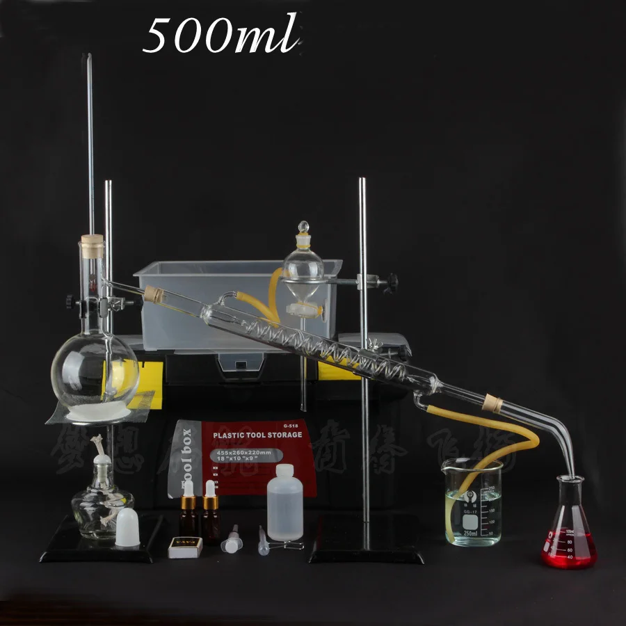 

A full distillation apparatus serpentine condenser 500ml flask thickened toilet water petal extract pure dew oil refining